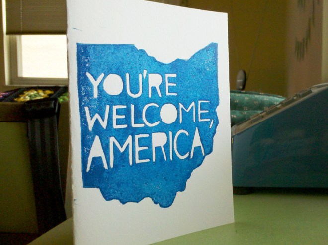 ohio election card: you're welcome, america, linocut card